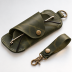 Olive green leather eyeglasses holder with snap flap and matching keychain loop