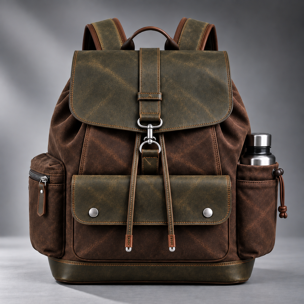 Chocolate brown and olive leather laptop backpack front view