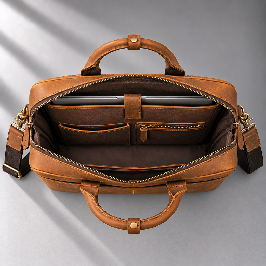 Cognac leather laptop briefcase interior and laptop compartment | The Leather Factory