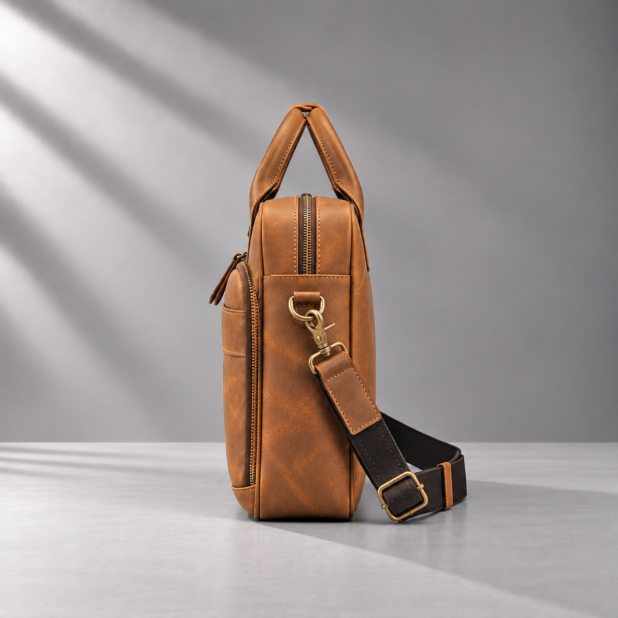 Cognac leather laptop briefcase side profile | The Leather Factory