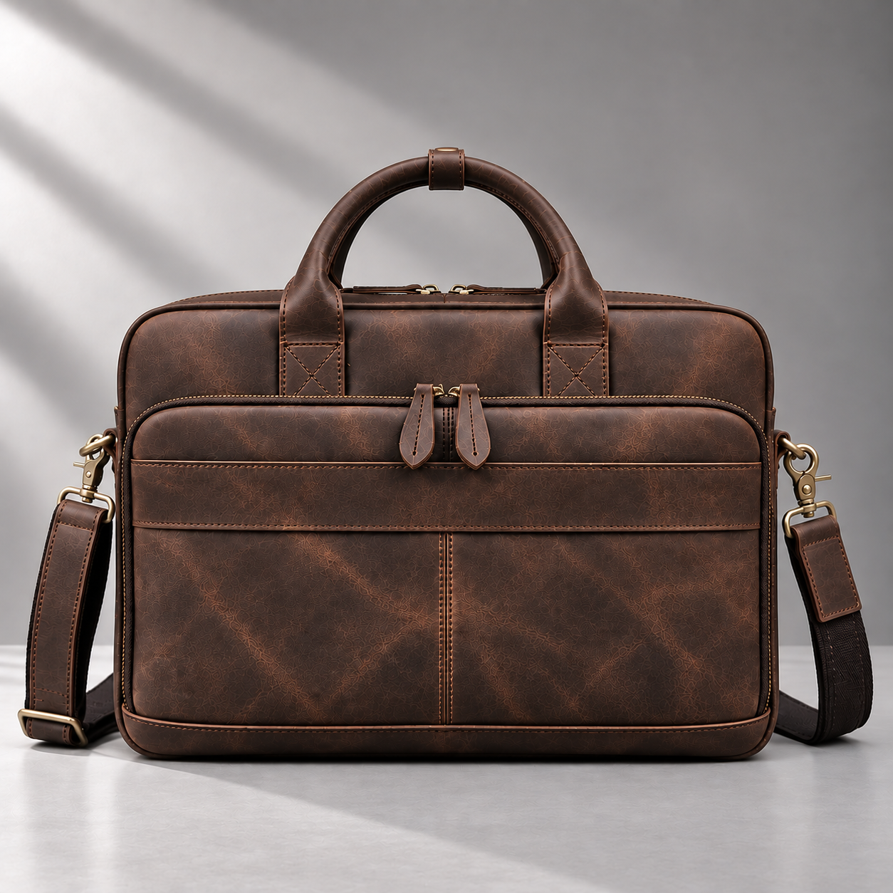Dark brown leather laptop briefcase front view | The Leather Factory