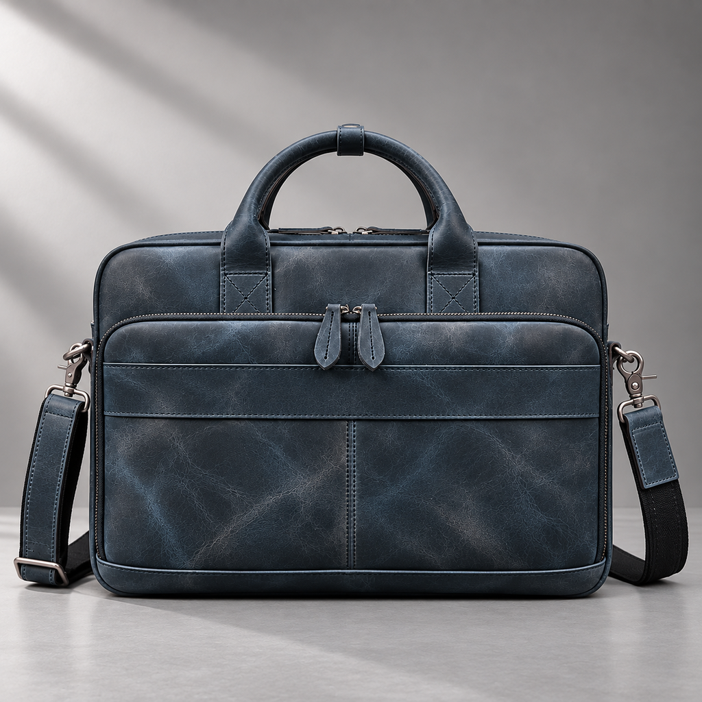 Navy blue leather laptop briefcase front view | The Leather Factory