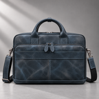 Navy blue leather laptop briefcase front view | The Leather Factory