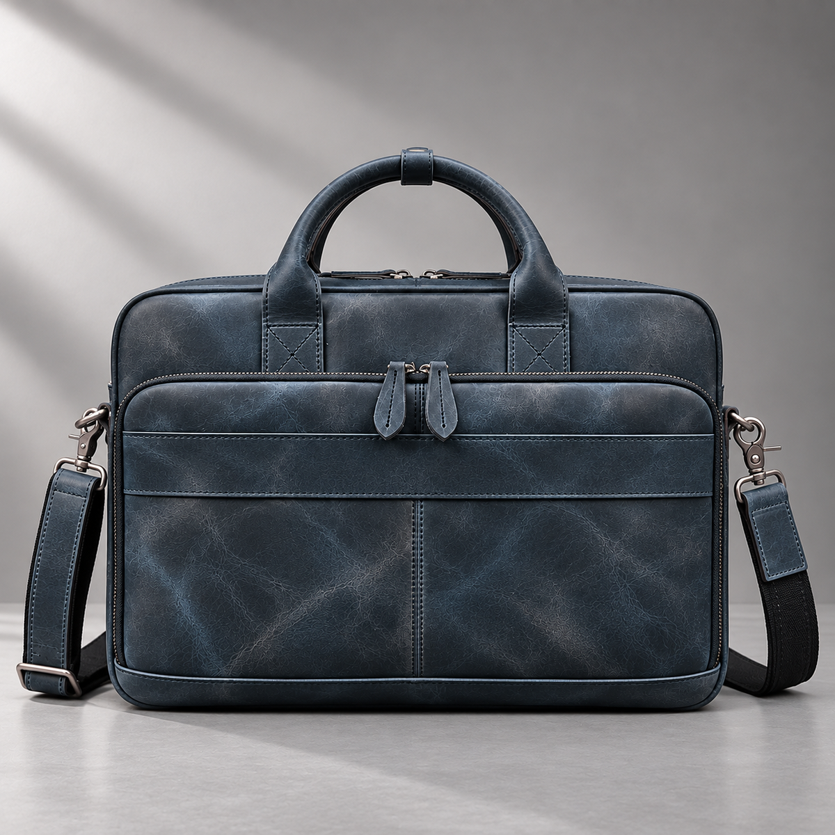 Navy blue leather laptop briefcase front view | The Leather Factory