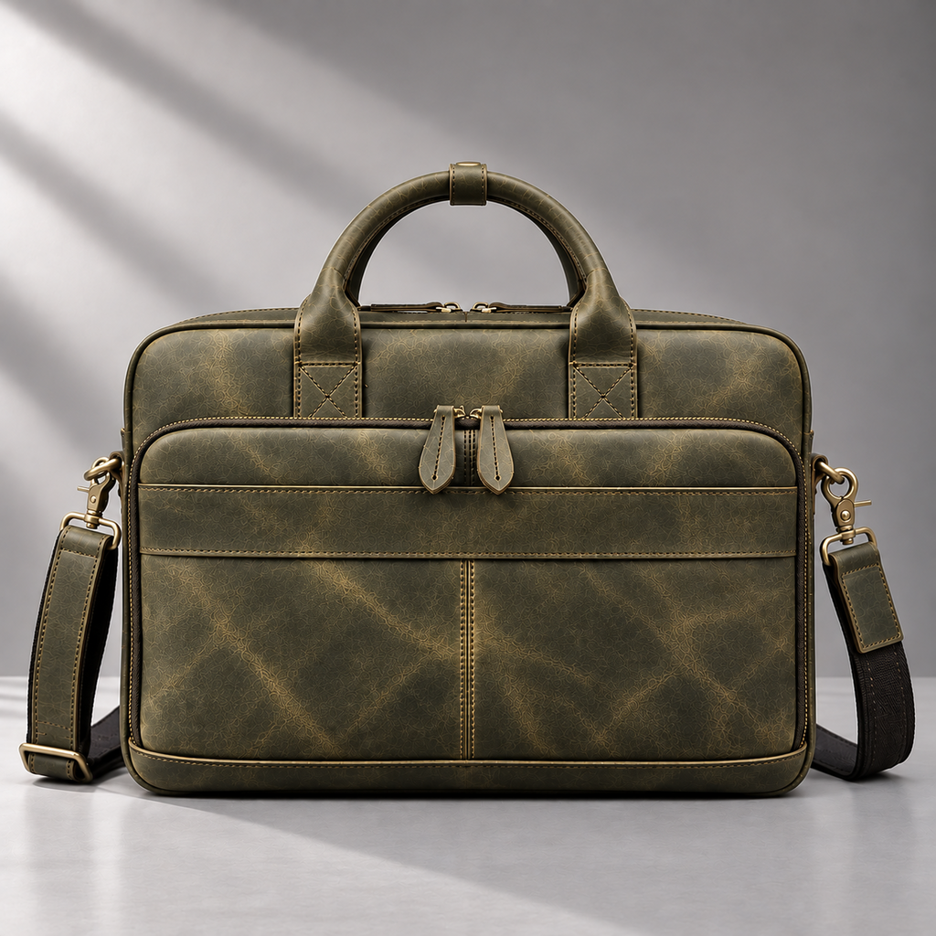 Olive green leather laptop briefcase front view | The Leather Factory