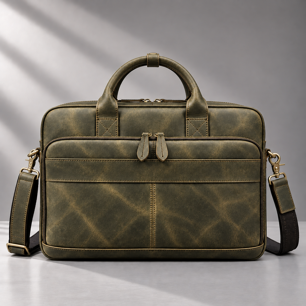 Olive green leather laptop briefcase front view | The Leather Factory
