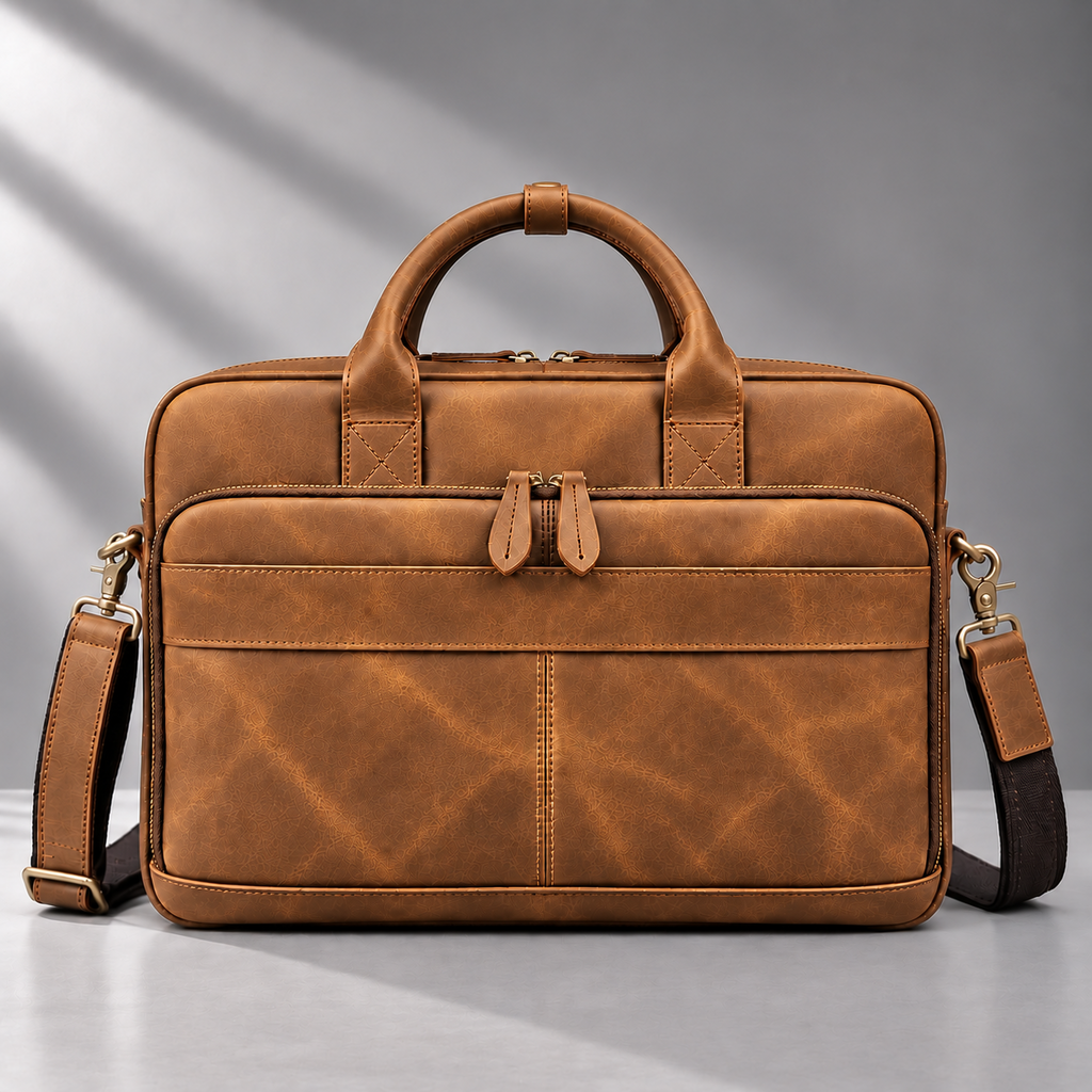 Tan brown leather laptop briefcase back view | The Leather Factory