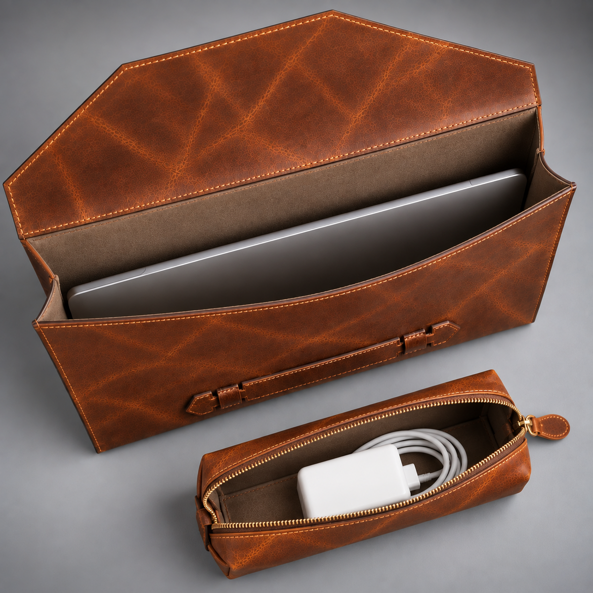 Open tan leather laptop sleeve with matching charger and cable accessory pouch