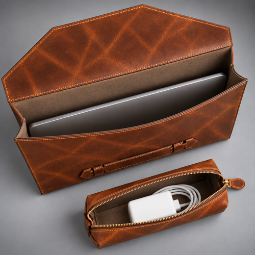 Open tan leather laptop sleeve with matching charger and cable accessory pouch