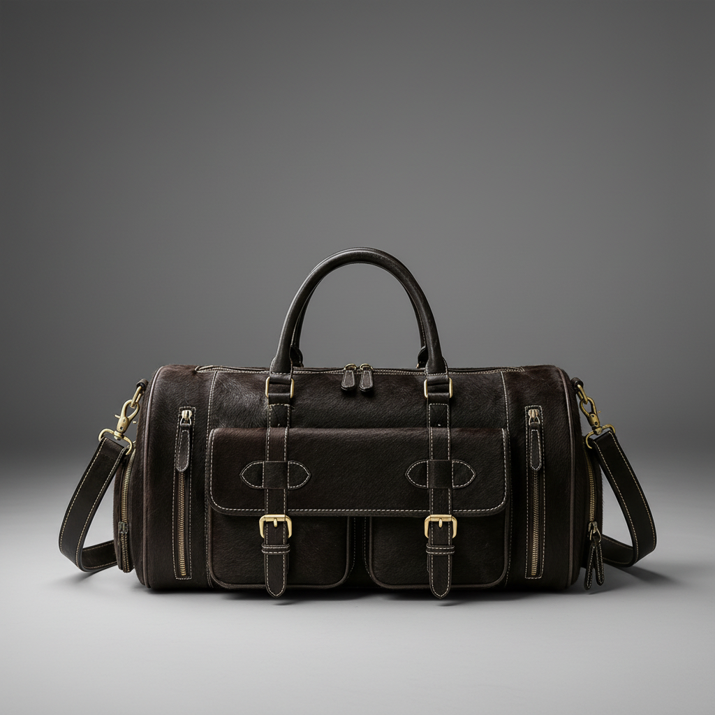 Black handmade genuine leather travel duffel bag front view | The Leather Factory
