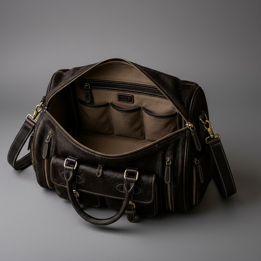 Black handmade genuine leather travel duffel bag open interior | The Leather Factory