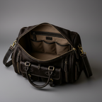 Black handmade genuine leather travel duffel bag open interior | The Leather Factory