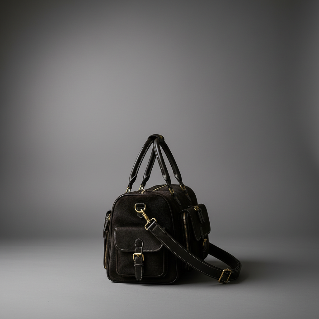 Black handmade genuine leather travel duffel bag side view | The Leather Factory