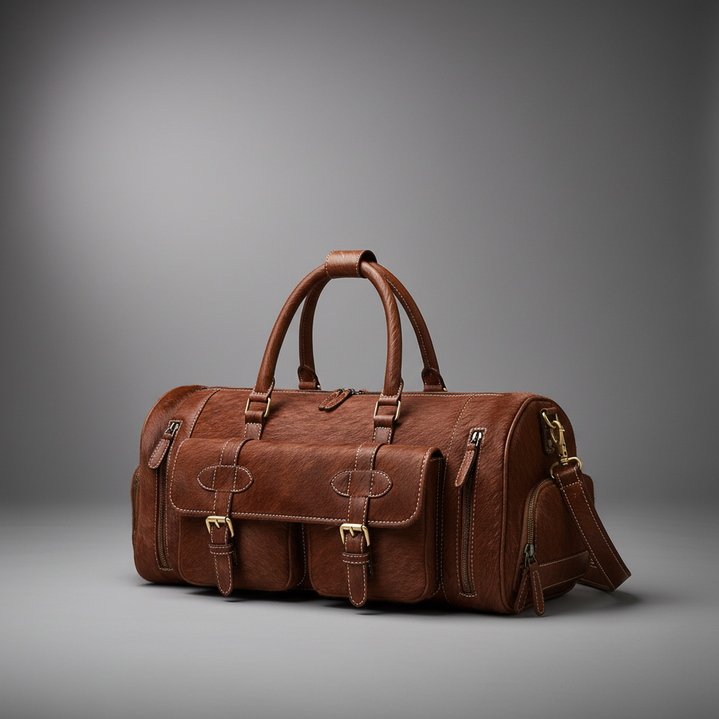 Cognac brown handmade genuine leather travel duffel bag front view | The Leather Factory