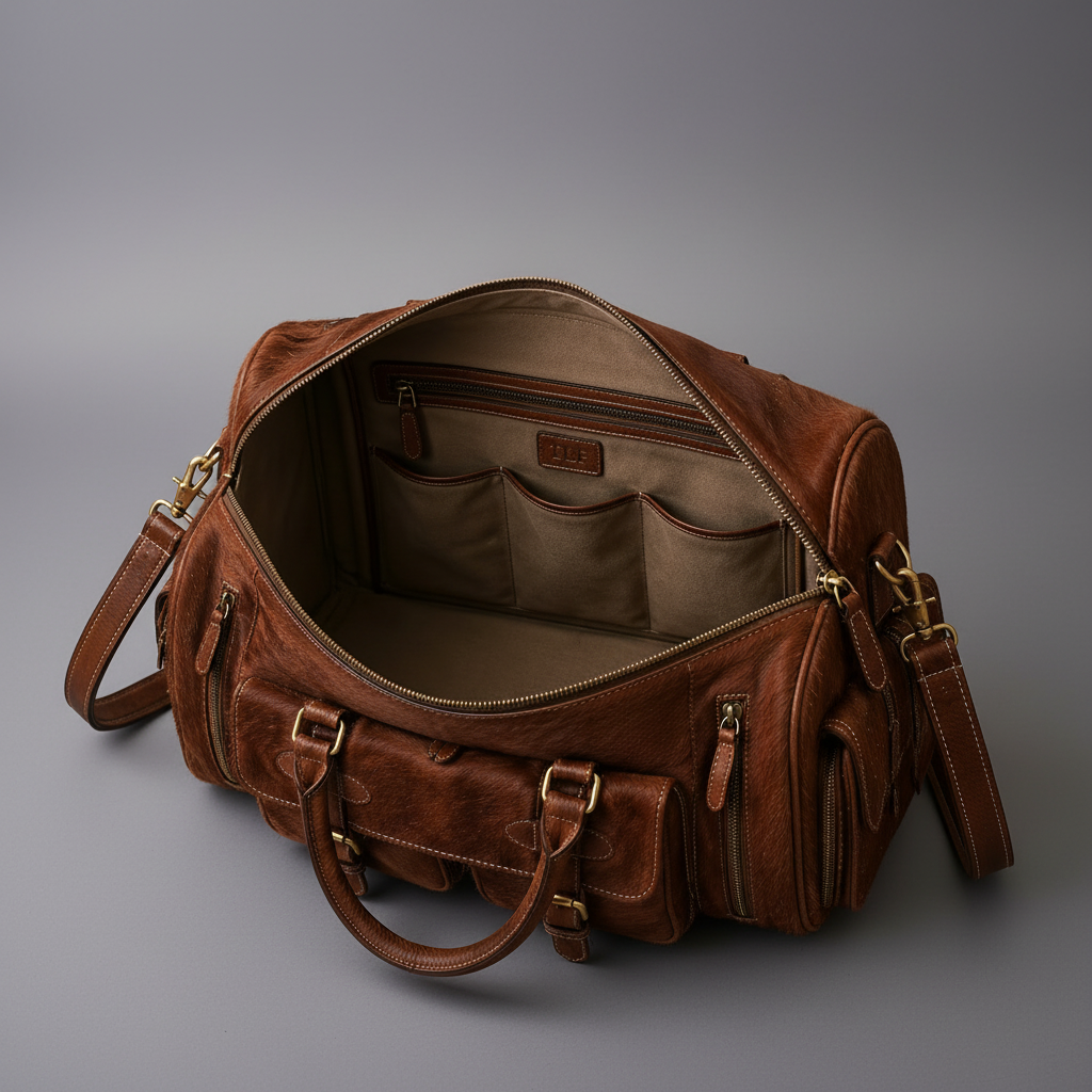 Cognac brown handmade genuine leather travel duffel bag open interior | The Leather Factory