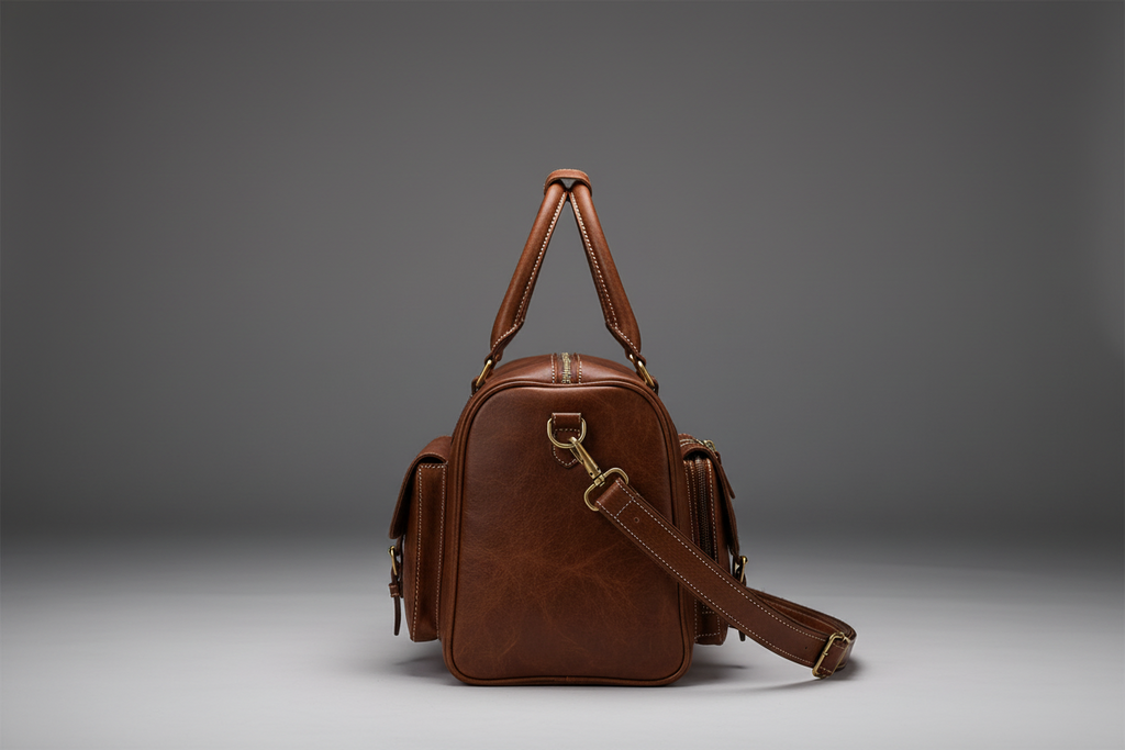 Cognac brown handmade genuine leather travel duffel bag side view | The Leather Factory