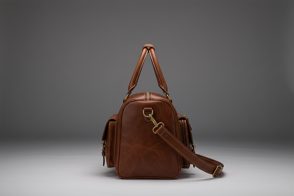 Cognac brown handmade genuine leather travel duffel bag side view | The Leather Factory