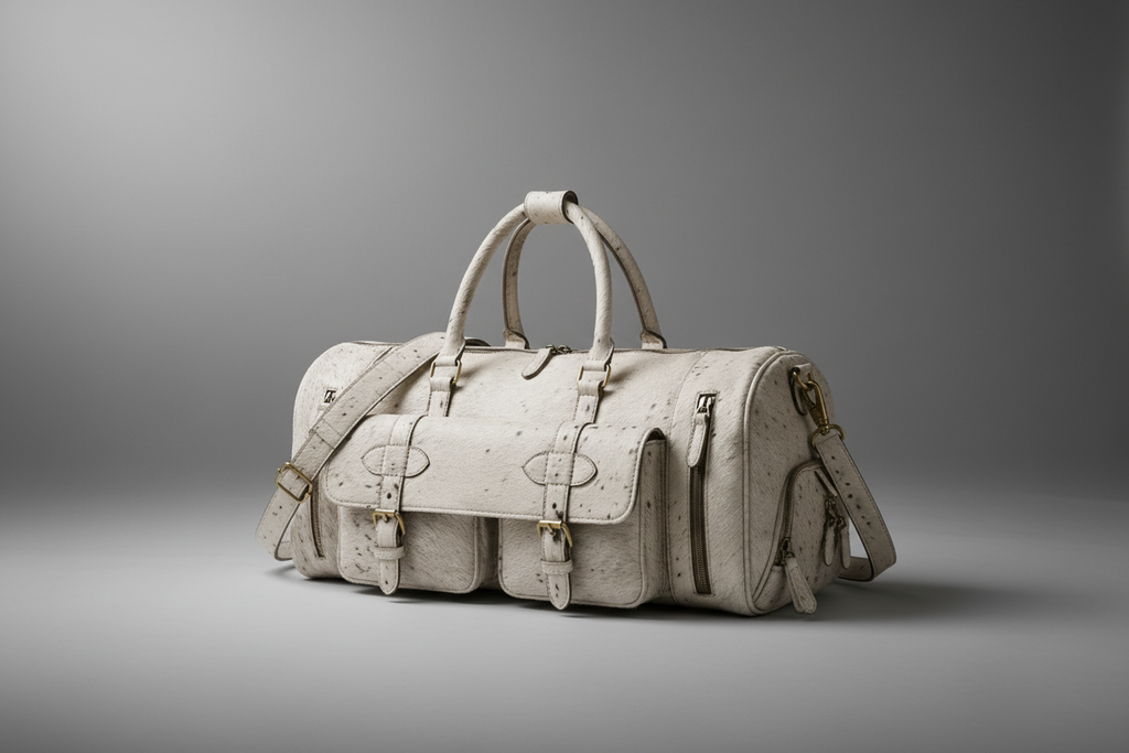 White cow print handmade genuine leather travel duffel bag front view | The Leather Factory