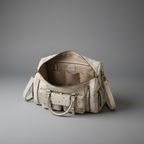 White cow print handmade genuine leather travel duffel bag open interior | The Leather Factory