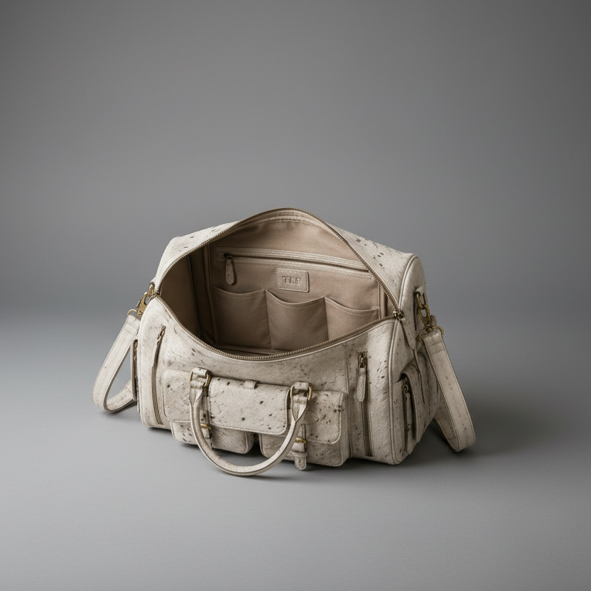 White cow print handmade genuine leather travel duffel bag open interior | The Leather Factory