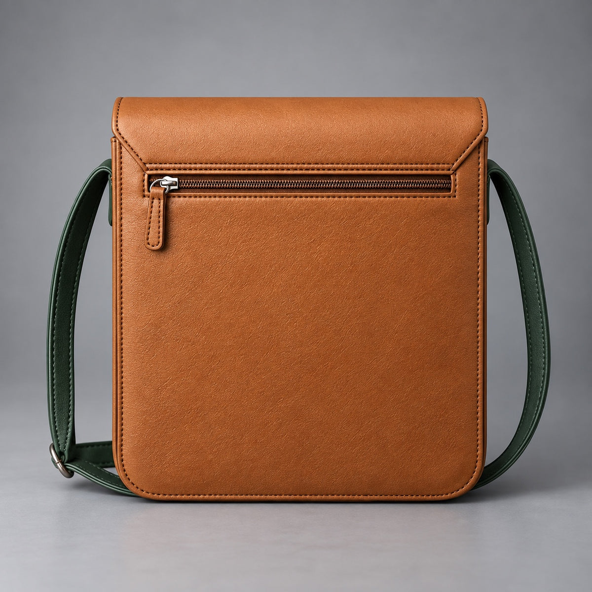 Back view of tan and green leather messenger bag with horizontal zip pocket