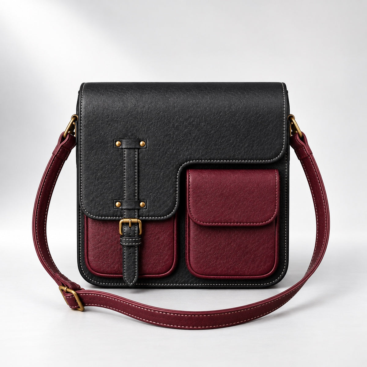 Black and burgundy leather multi-pocket messenger bag front view