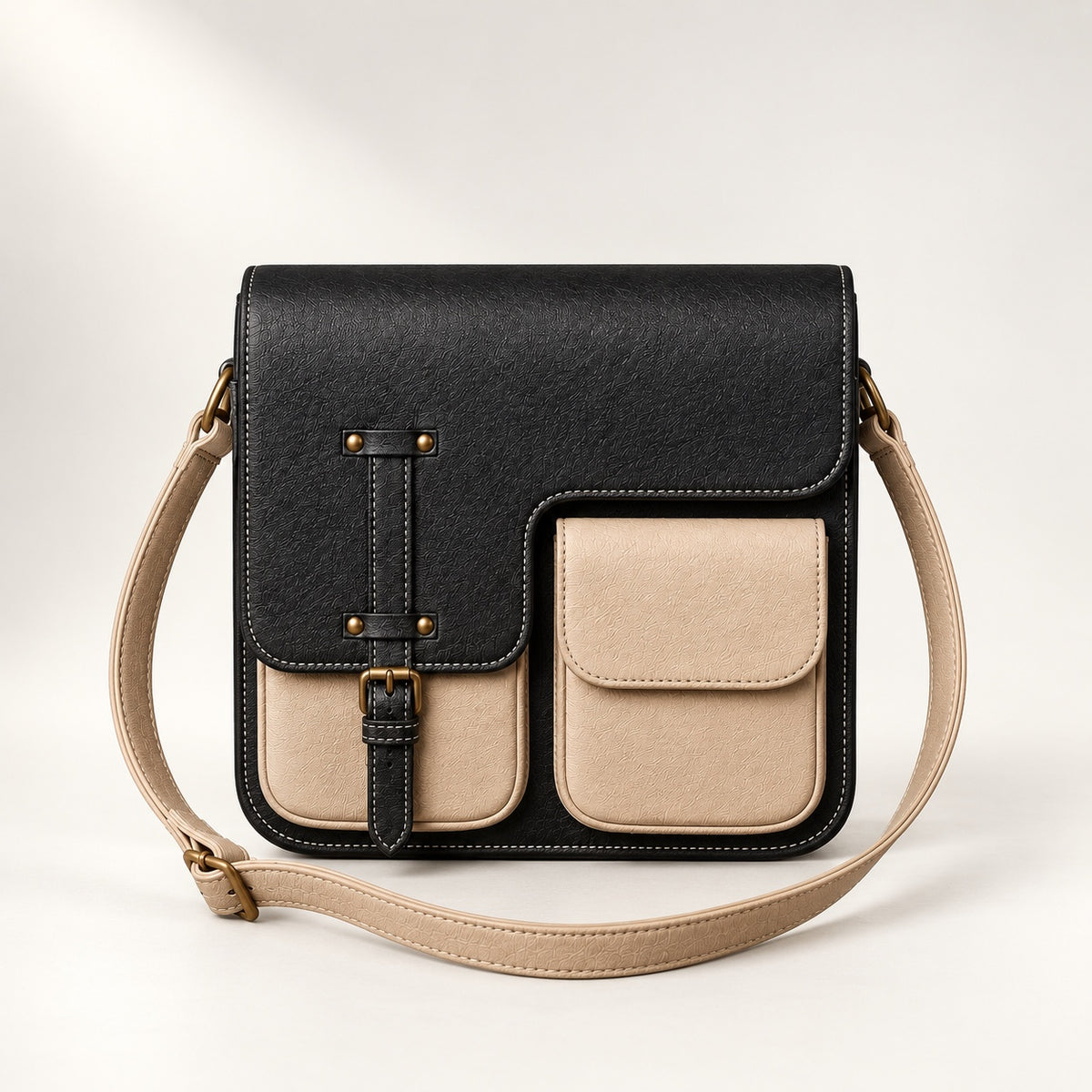 Black and cream leather multi-pocket messenger bag front view