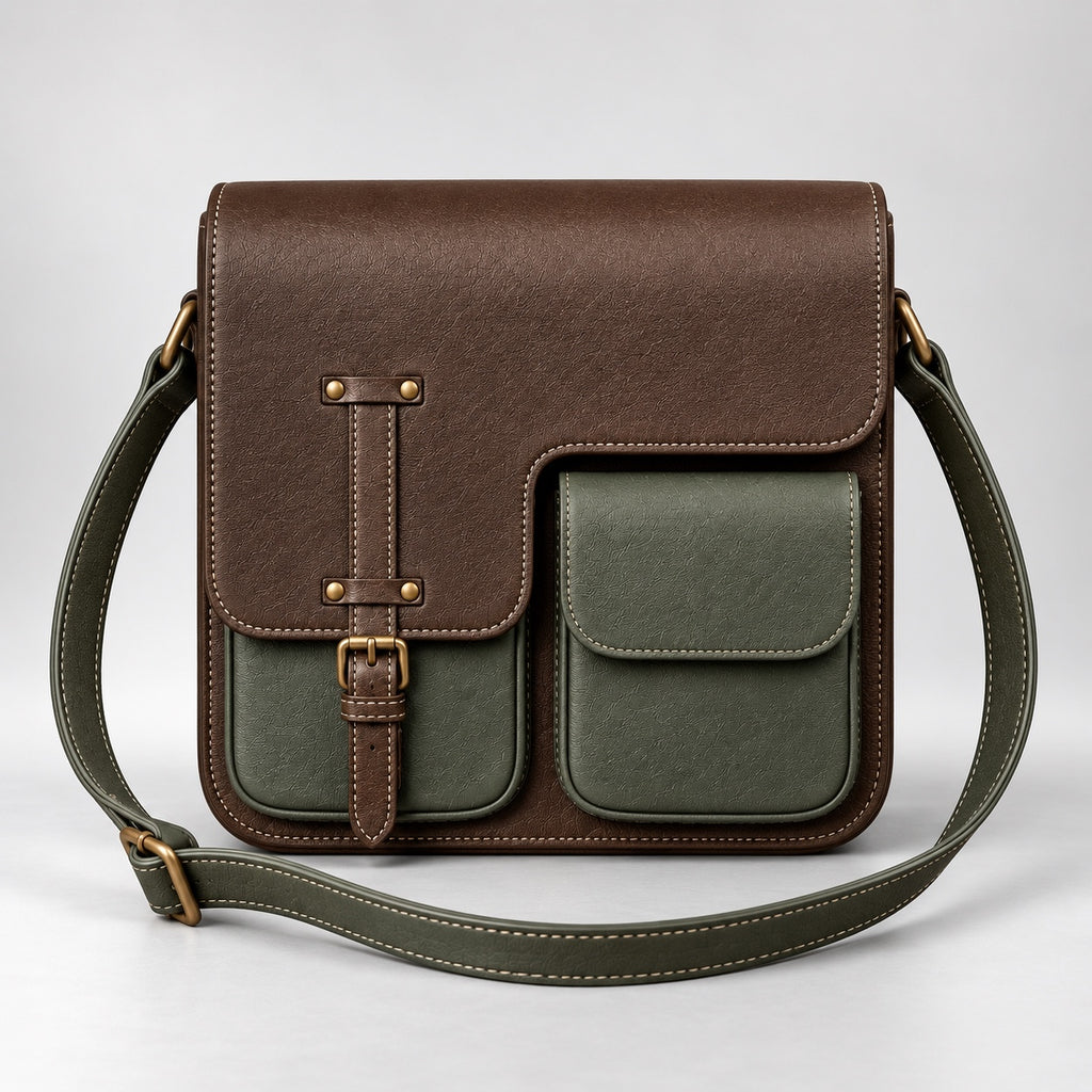 Brown and olive leather multi-pocket messenger bag front view