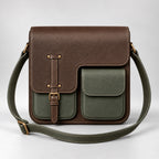 Brown and olive leather multi-pocket messenger bag front view