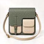 Sage green and cream leather multi-pocket messenger bag front view with adjustable shoulder strap