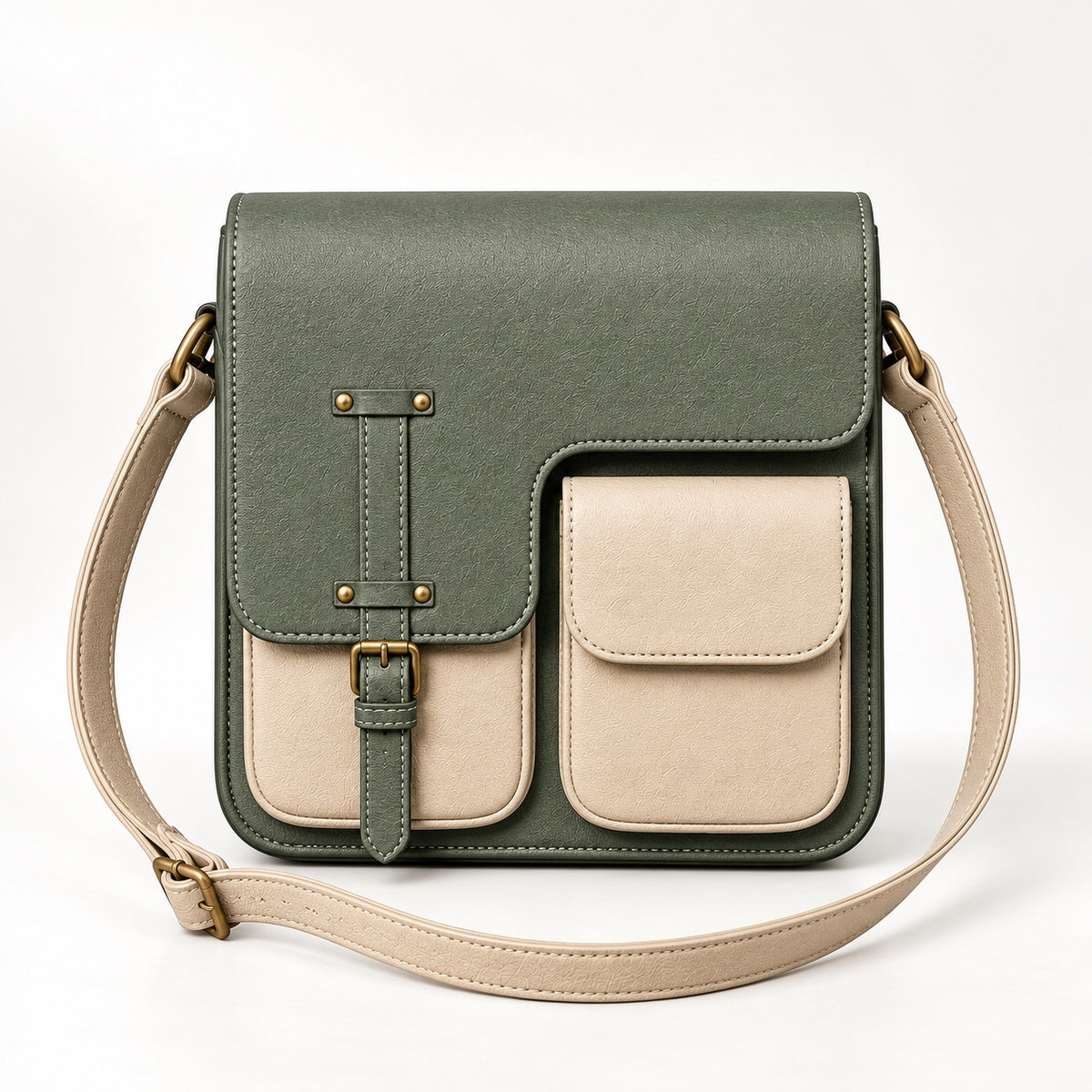 Sage green and cream leather multi-pocket messenger bag front view with adjustable shoulder strap