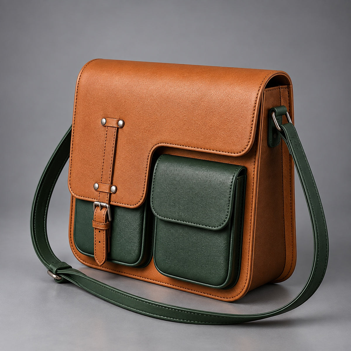 Side three-quarter view of tan and green leather multi-pocket messenger bag