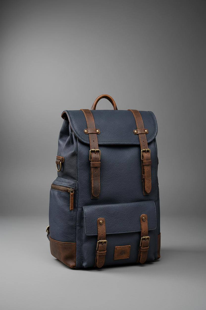 Navy blue and brown handcrafted leather backpack front view | The Leather Factory