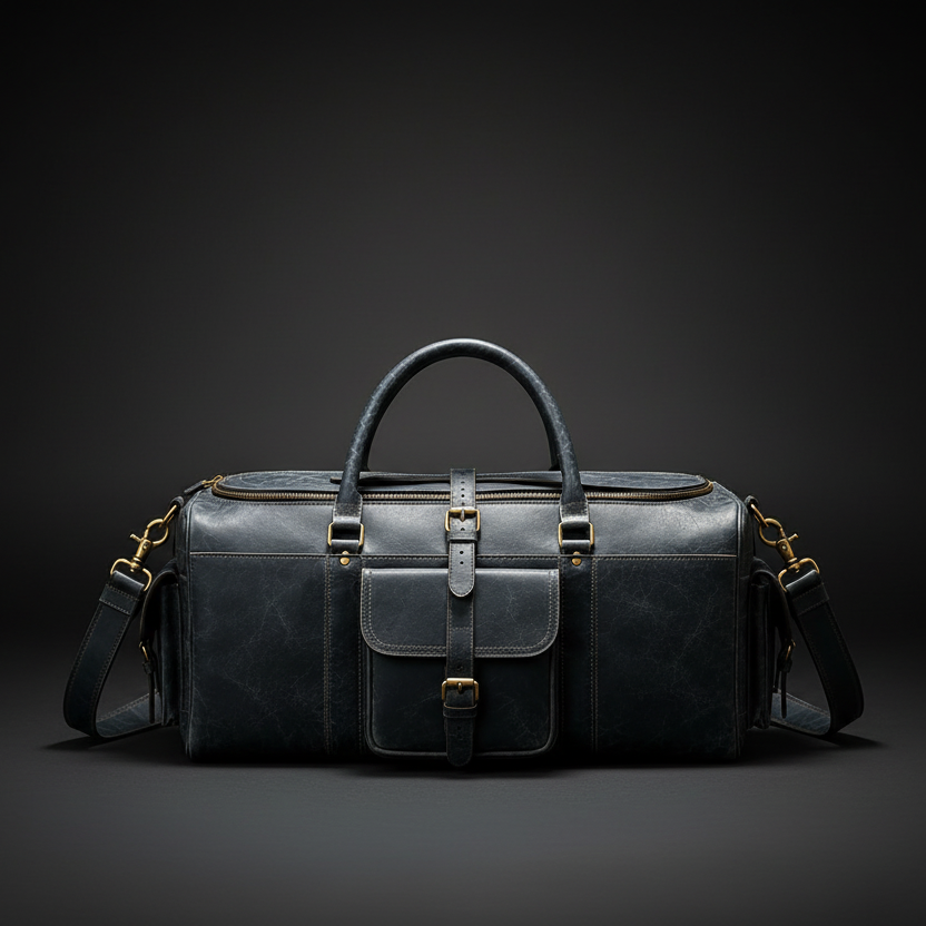 Navy blue vintage crackle leather travel duffel bag front view | The Leather Factory