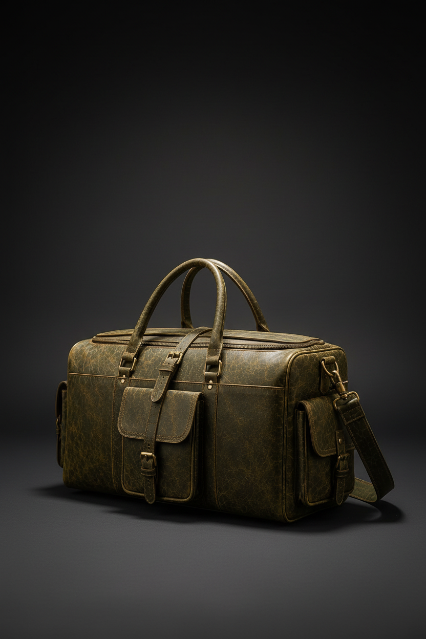Olive green vintage crackle leather travel duffel bag front angle | The Leather Factory