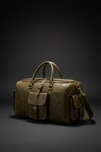 Olive green vintage crackle leather travel duffel bag front angle | The Leather Factory