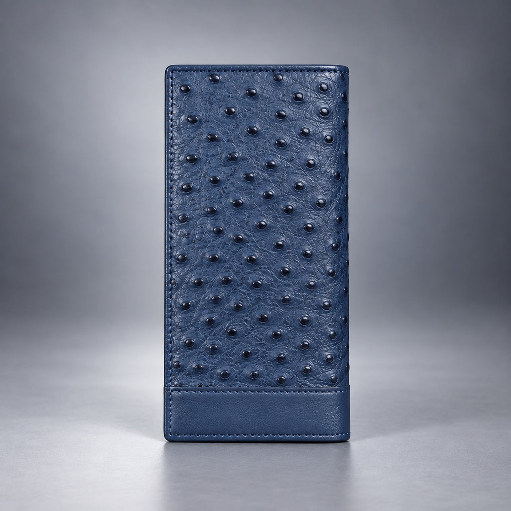 Blue ostrich leather travel wallet front view with raised quill texture