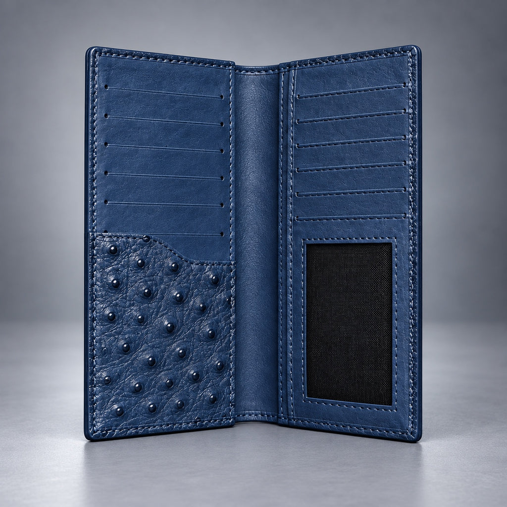 Open blue ostrich leather travel wallet showing card slots and ID window