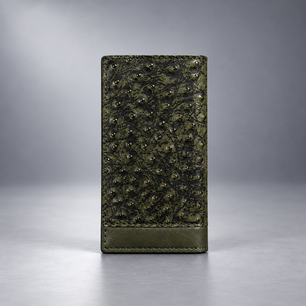 Olive green ostrich leather travel wallet front view with raised quill texture