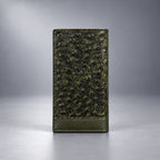 Olive green ostrich leather travel wallet front view with raised quill texture