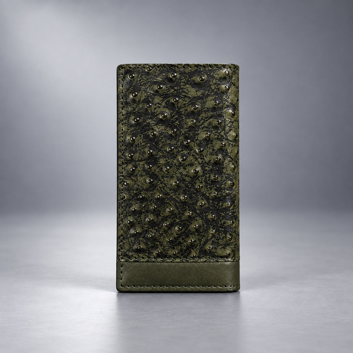 Olive green ostrich leather travel wallet front view with raised quill texture