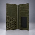 Open olive green ostrich leather travel wallet showing organized interior