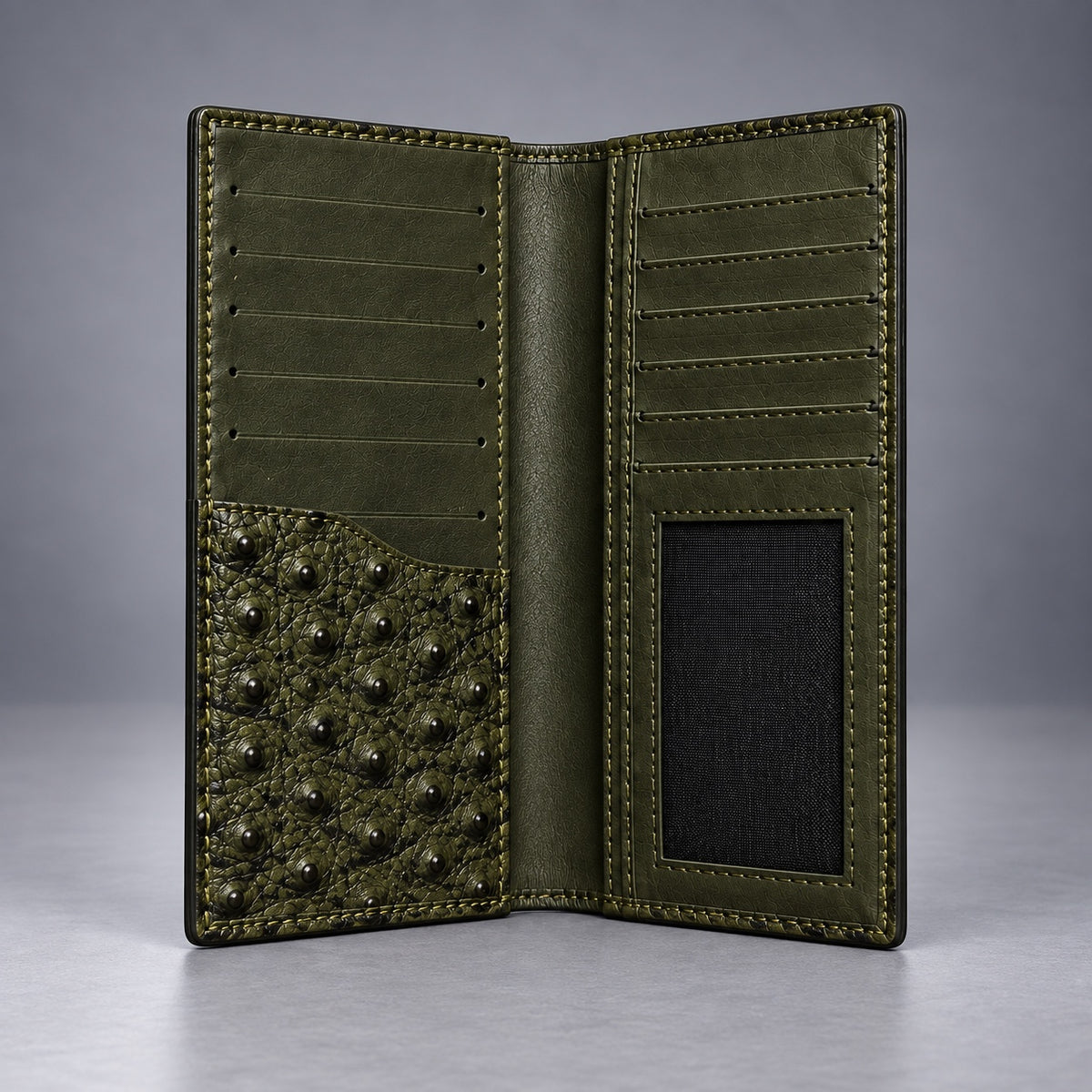Open olive green ostrich leather travel wallet showing organized interior
