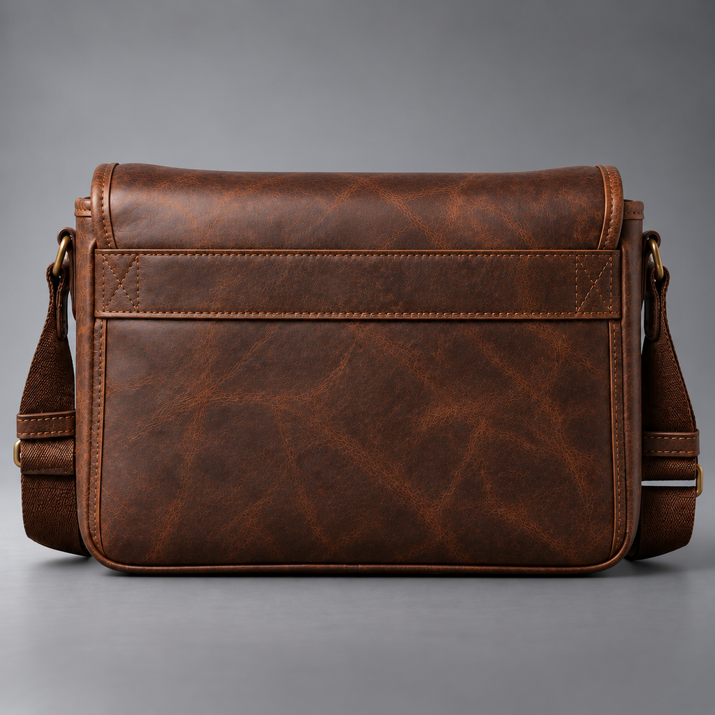 Back view of dark brown leather camera shoulder bag with large slip pocket