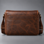 Back view of dark brown leather camera shoulder bag with large slip pocket