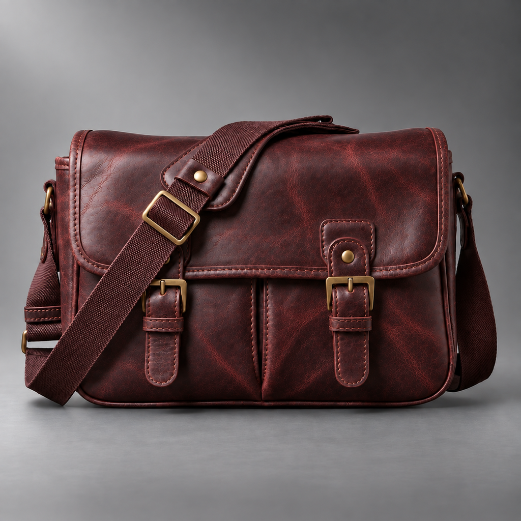 Burgundy padded leather camera shoulder bag front view