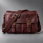 Burgundy padded leather camera shoulder bag front view