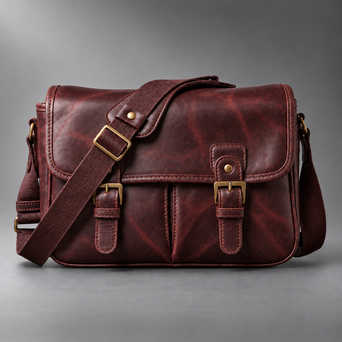 Burgundy padded leather camera shoulder bag front view