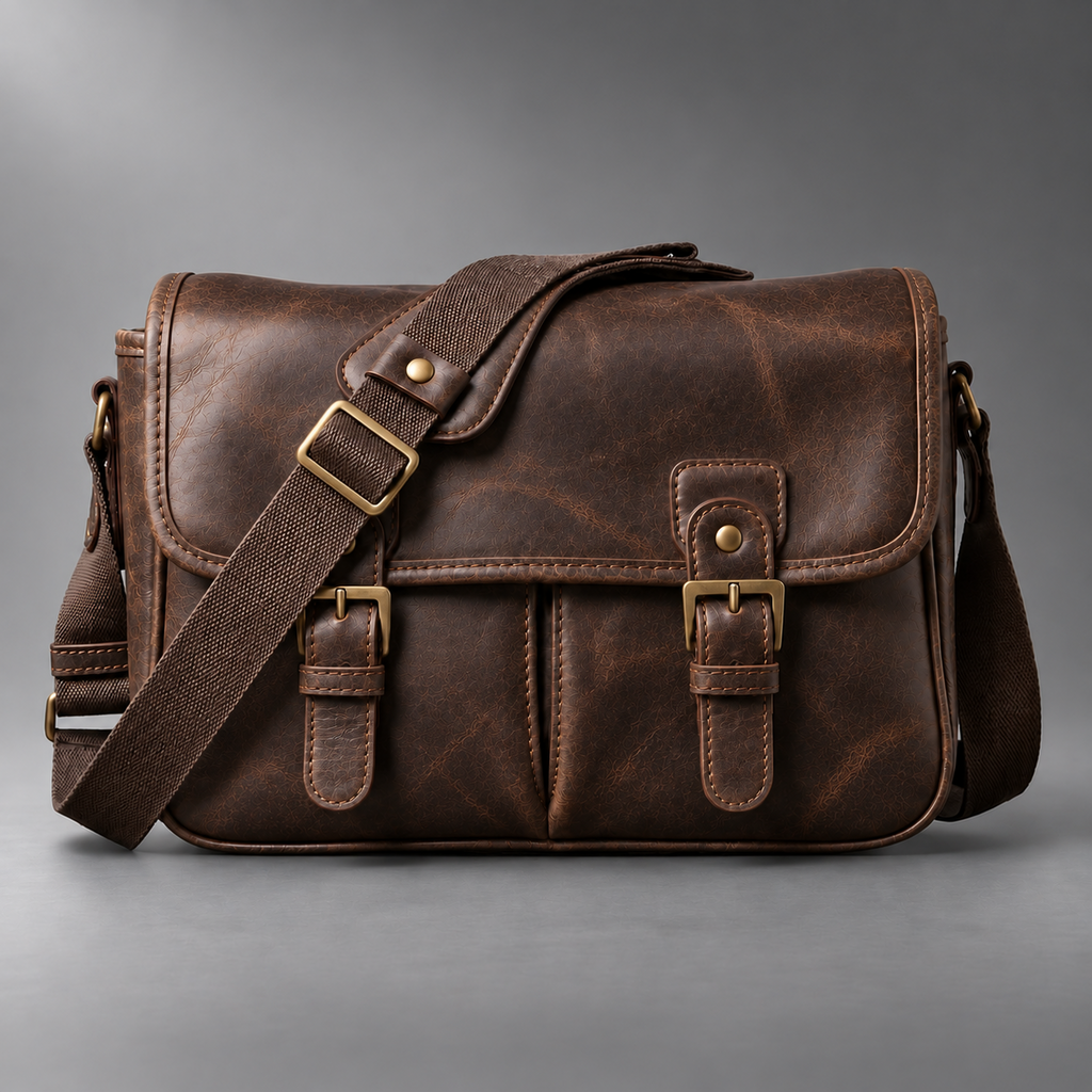 Dark brown padded leather camera shoulder bag front view