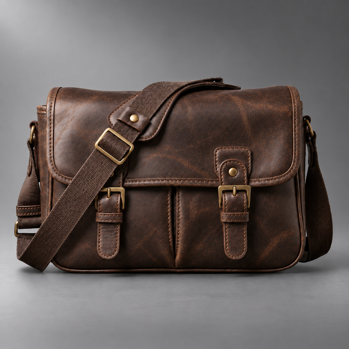 Dark brown padded leather camera shoulder bag front view